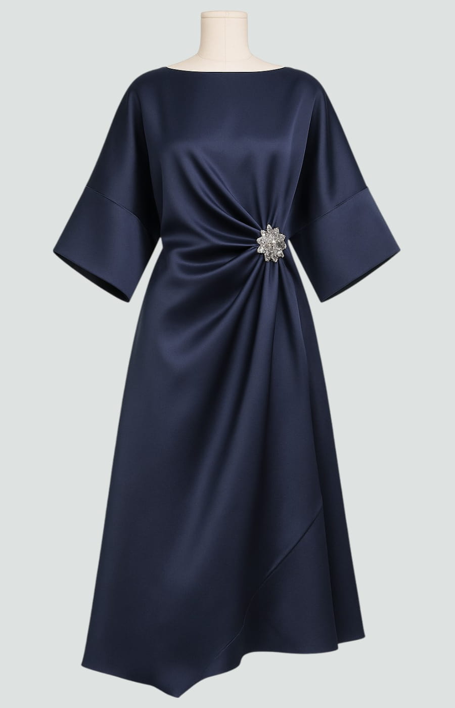 Women's Formal Satin Midi Dress with Boat Neck and Brooch