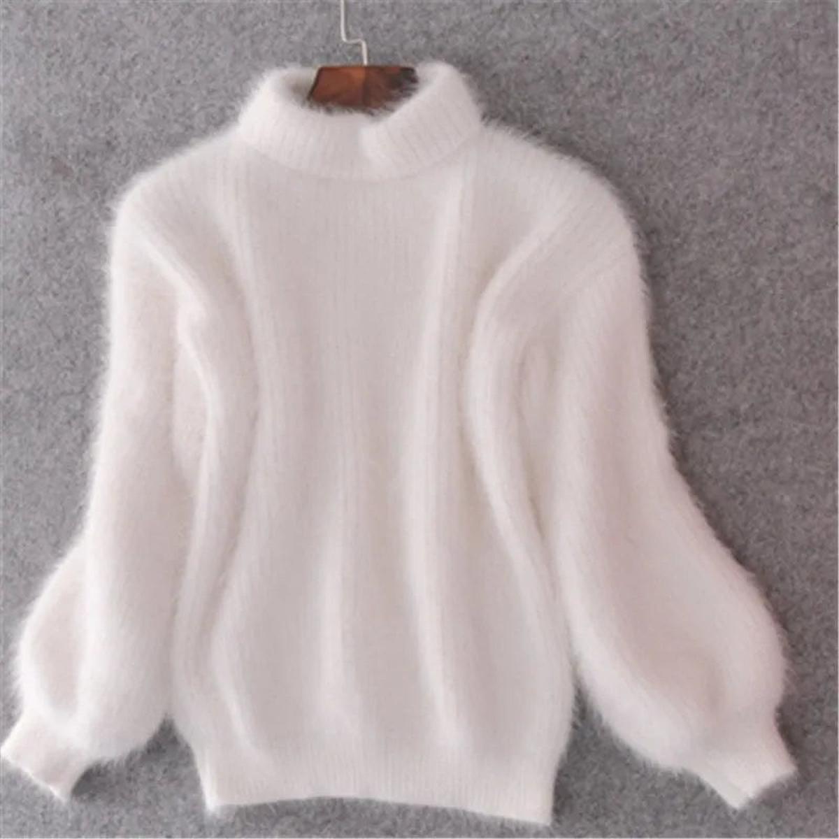 Women's Fuzzy Knit Sweater with High Neck and Balloon Sleeves