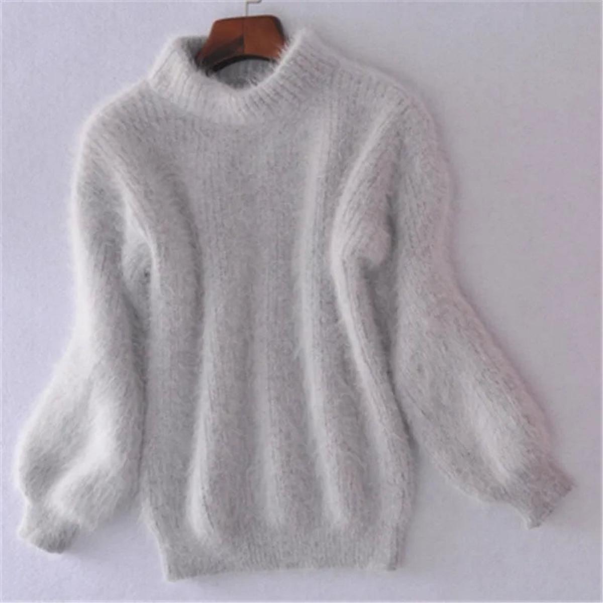 Women's Fuzzy Knit Sweater with High Neck and Balloon Sleeves