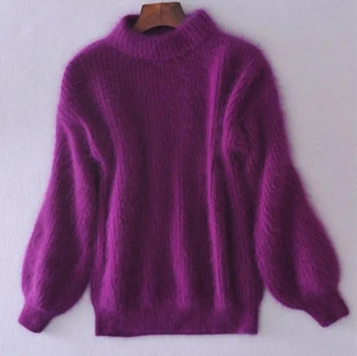 Women's Fuzzy Knit Sweater with High Neck and Balloon Sleeves