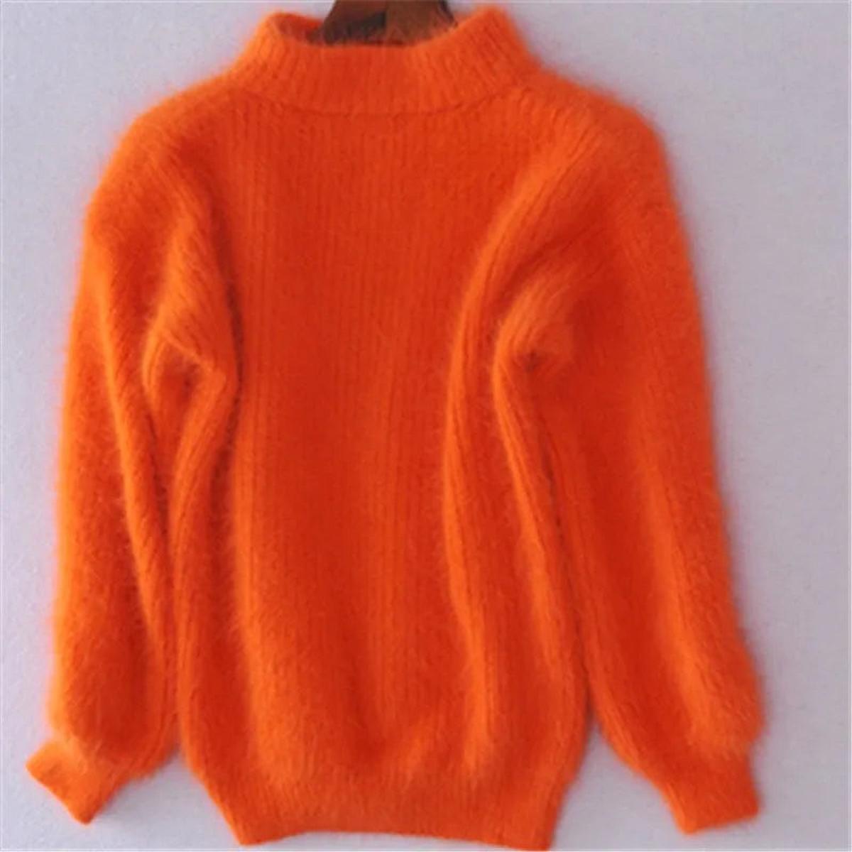 Women's Fuzzy Knit Sweater with High Neck and Balloon Sleeves
