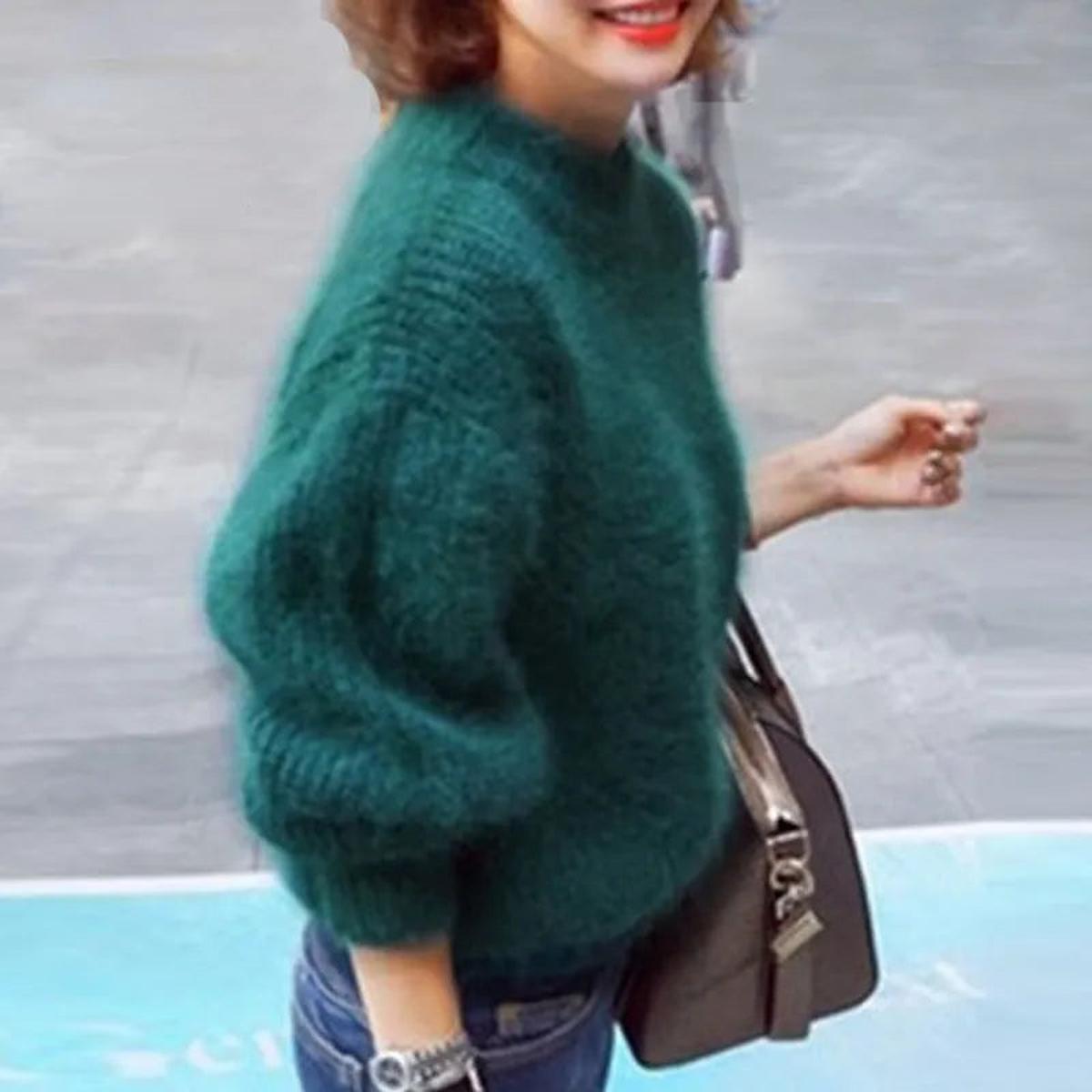 Women's Fuzzy Knit Sweater with High Neck and Balloon Sleeves