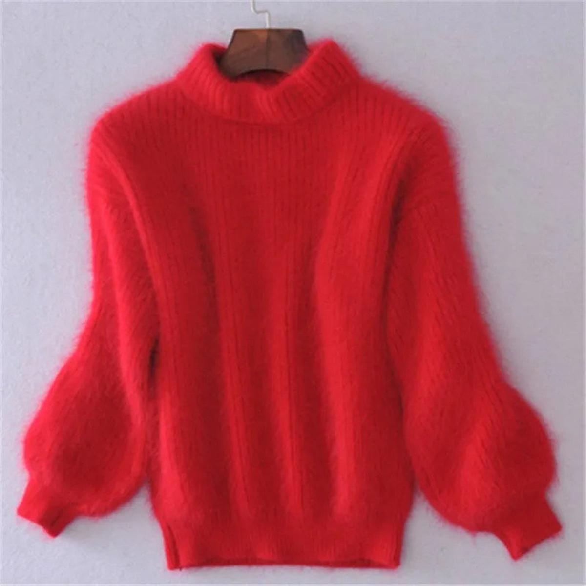 Women's Fuzzy Knit Sweater with High Neck and Balloon Sleeves