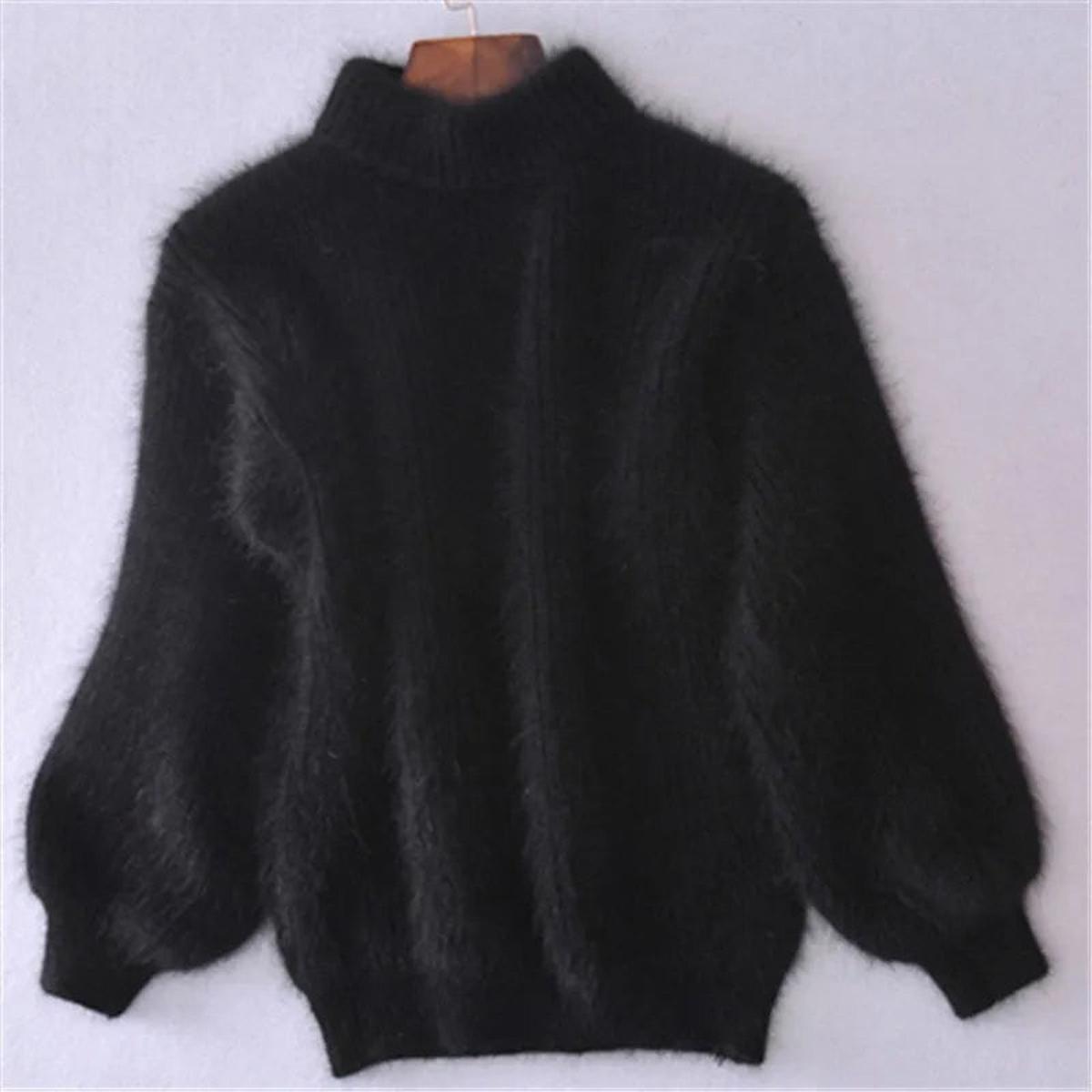 Women's Fuzzy Knit Sweater with High Neck and Balloon Sleeves