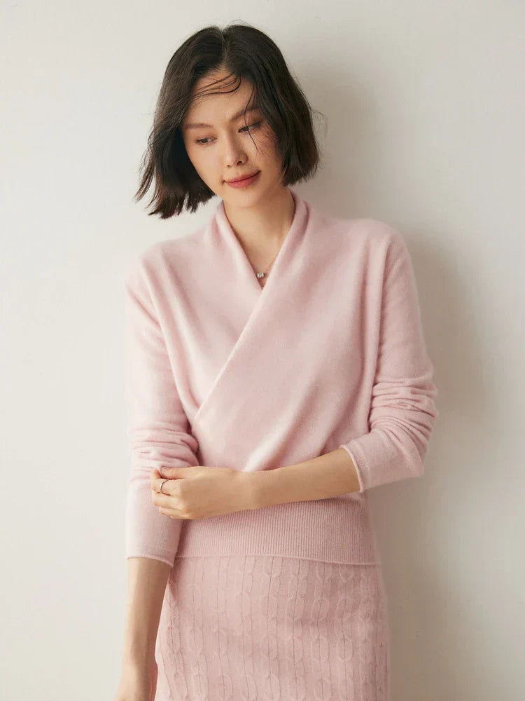Women's Fuzzy Knit Sweater with Wrap Front and V Neck