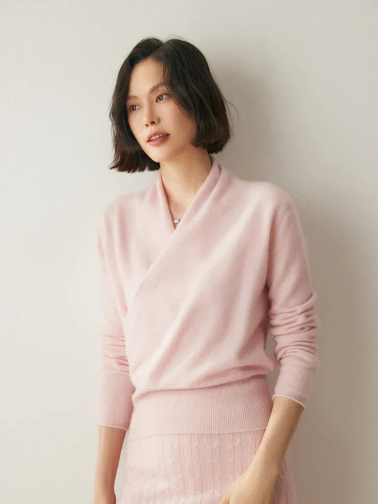 Women's Fuzzy Knit Sweater with Wrap Front and V Neck