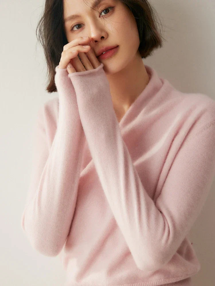 Women's Fuzzy Knit Sweater with Wrap Front and V Neck