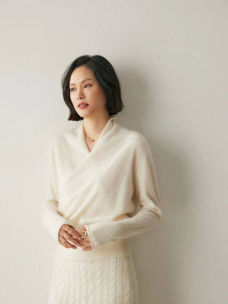 Women's Fuzzy Knit Sweater with Wrap Front and V Neck