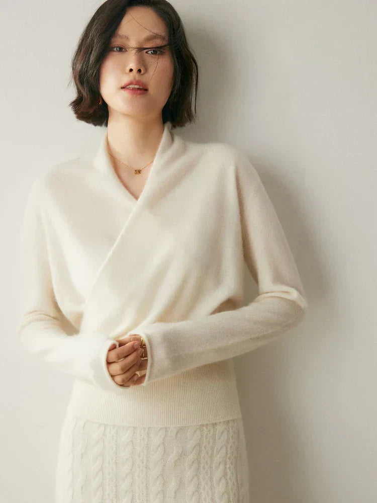Women's Fuzzy Knit Sweater with Wrap Front and V Neck