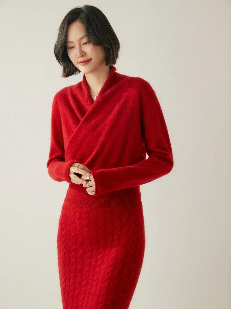 Women's Fuzzy Knit Sweater with Wrap Front and V Neck