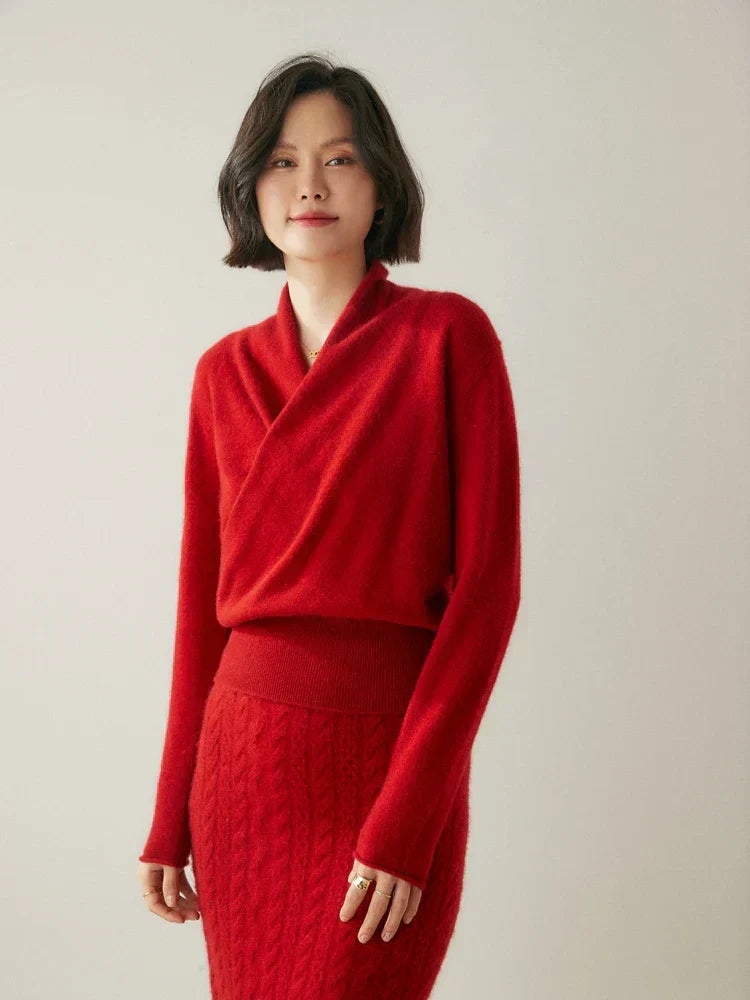 Women's Fuzzy Knit Sweater with Wrap Front and V Neck