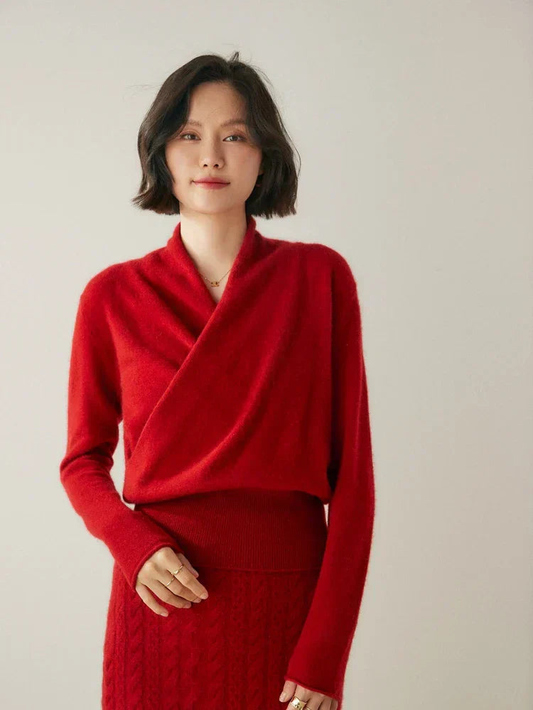 Women's Fuzzy Knit Sweater with Wrap Front and V Neck