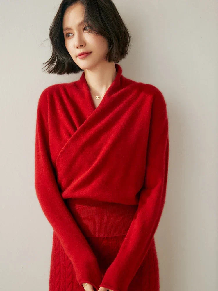 Women's Fuzzy Knit Sweater with Wrap Front and V Neck