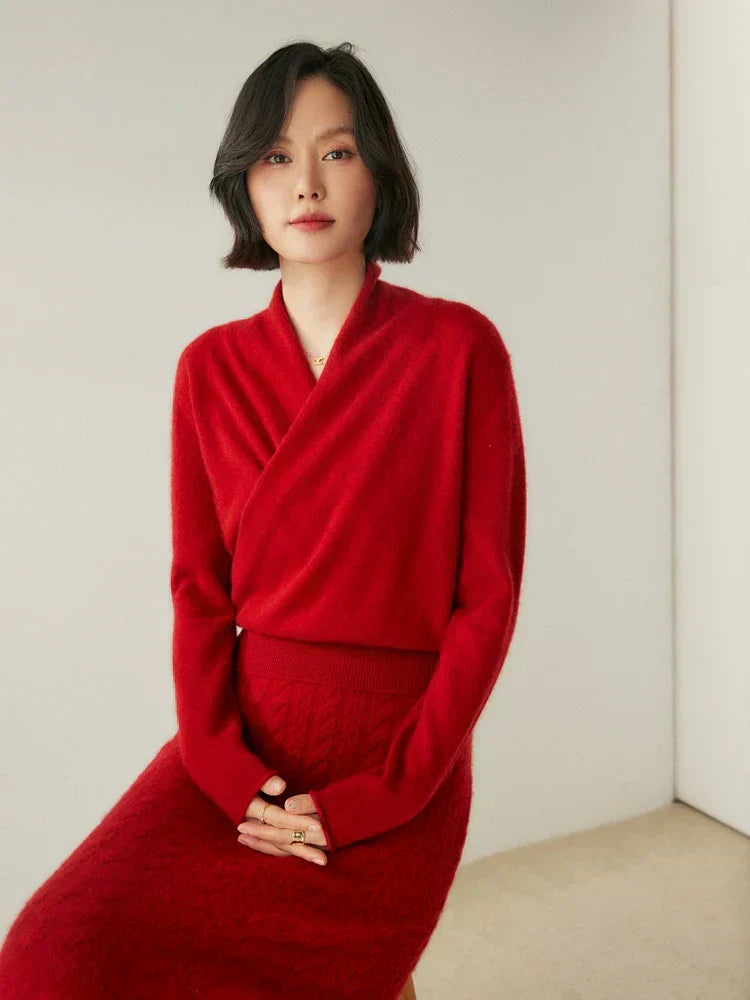 Women's Fuzzy Knit Sweater with Wrap Front and V Neck