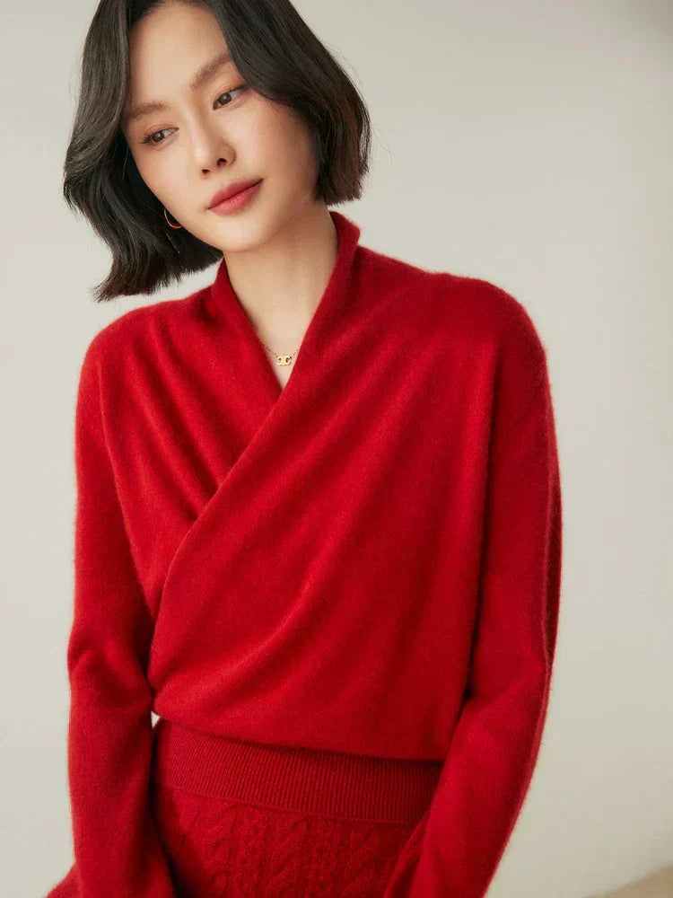 Women's Fuzzy Knit Sweater with Wrap Front and V Neck