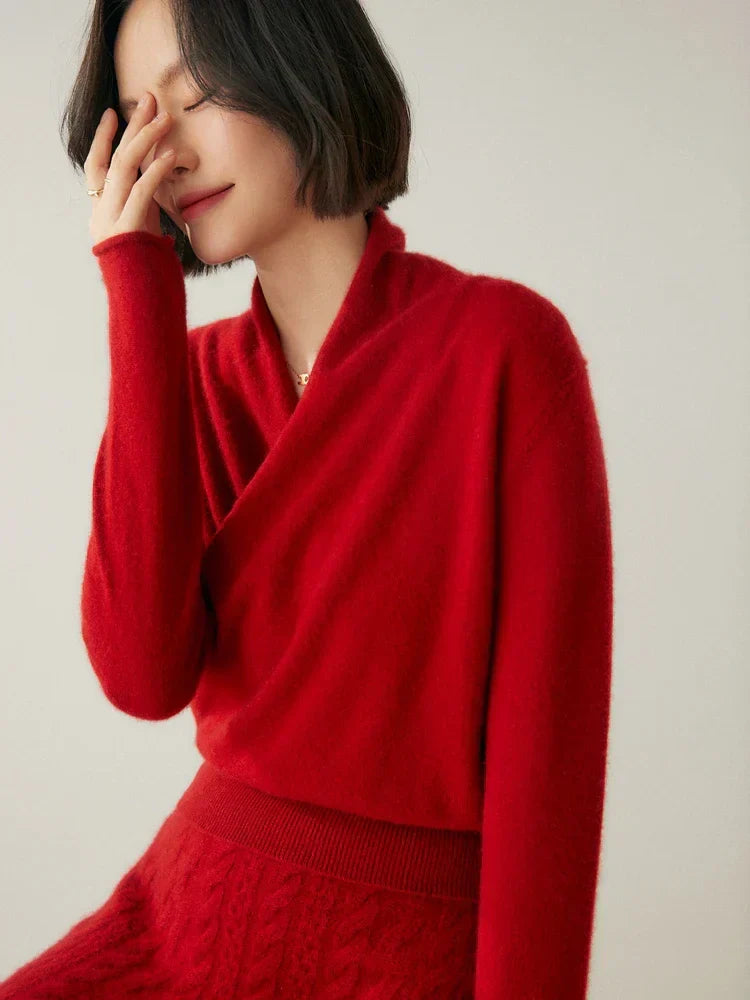 Women's Fuzzy Knit Sweater with Wrap Front and V Neck