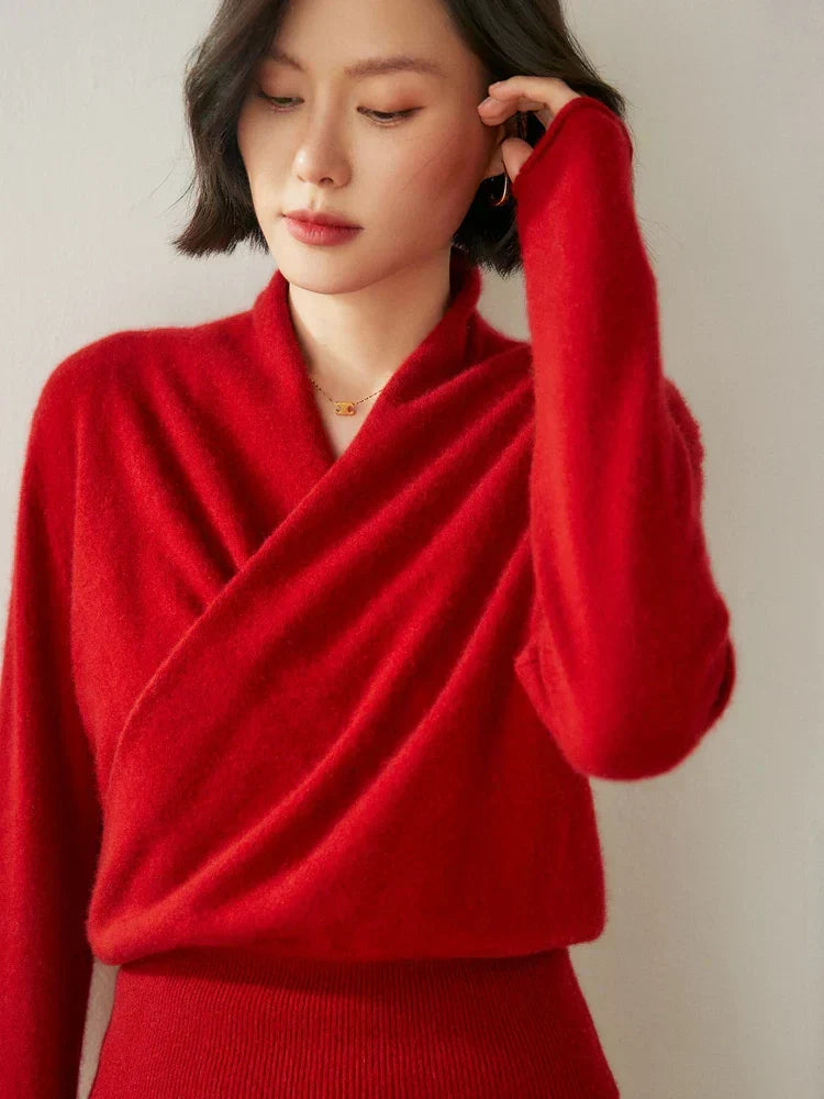 Women's Fuzzy Knit Sweater with Wrap Front and V Neck