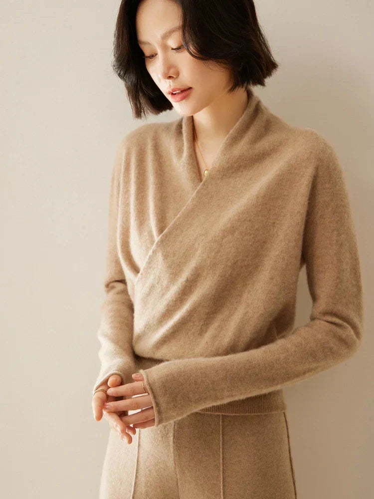 Women's Fuzzy Knit Sweater with Wrap Front and V Neck