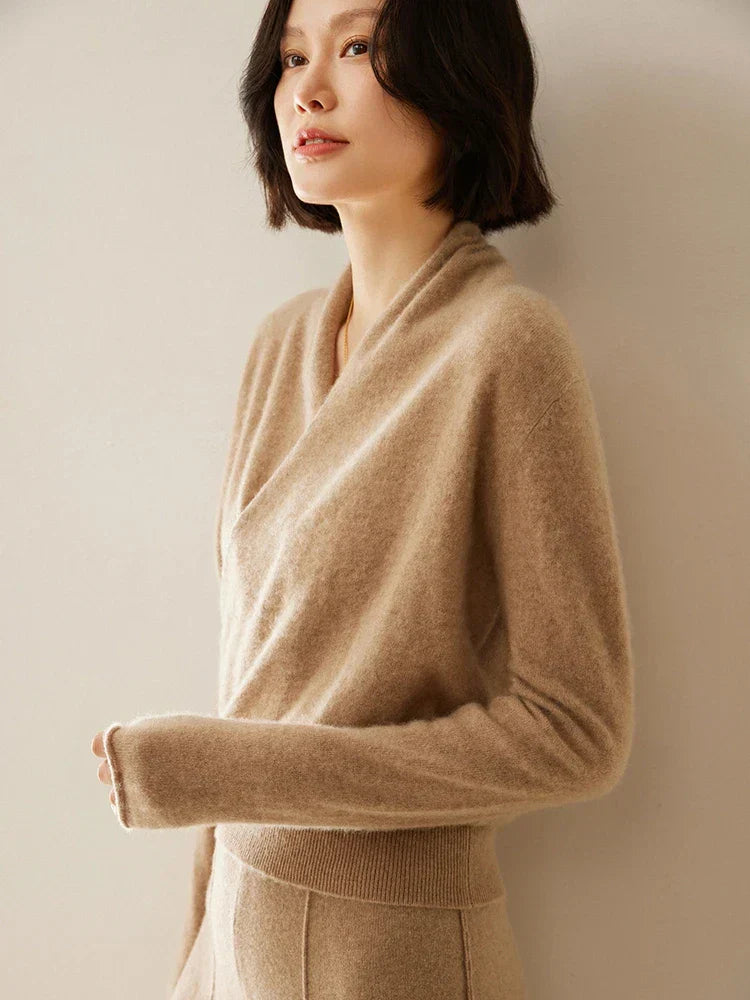 Women's Fuzzy Knit Sweater with Wrap Front and V Neck