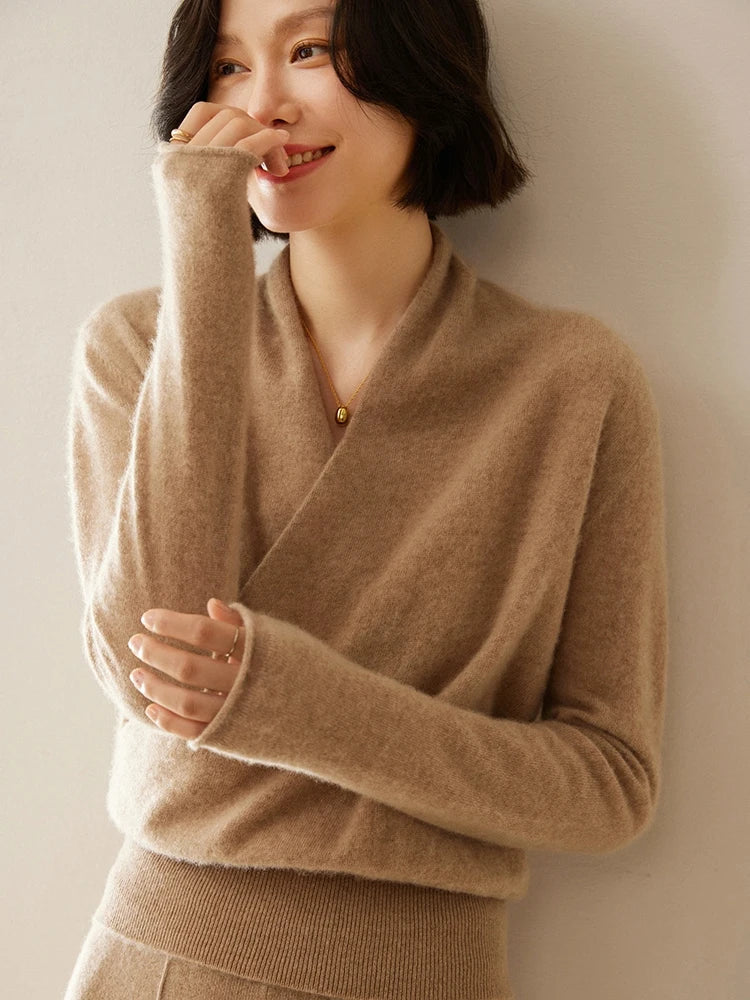Women's Fuzzy Knit Sweater with Wrap Front and V Neck