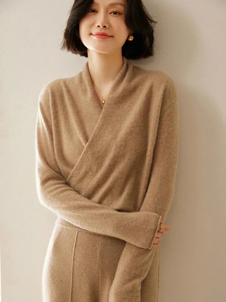 Women's Fuzzy Knit Sweater with Wrap Front and V Neck