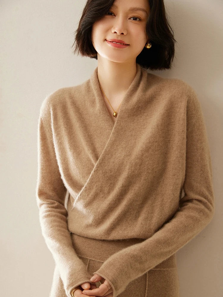 Women's Fuzzy Knit Sweater with Wrap Front and V Neck