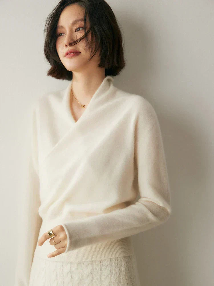 Women's Fuzzy Knit Sweater with Wrap Front and V Neck