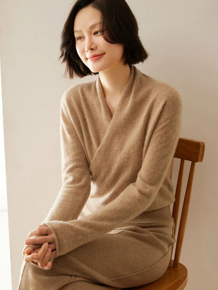 Women's Fuzzy Knit Sweater with Wrap Front and V Neck