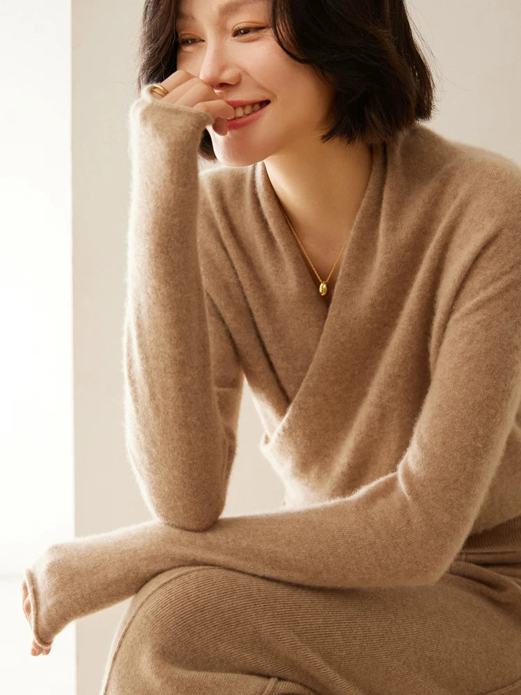 Women's Fuzzy Knit Sweater with Wrap Front and V Neck