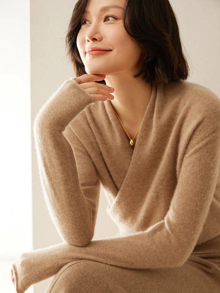 Women's Fuzzy Knit Sweater with Wrap Front and V Neck