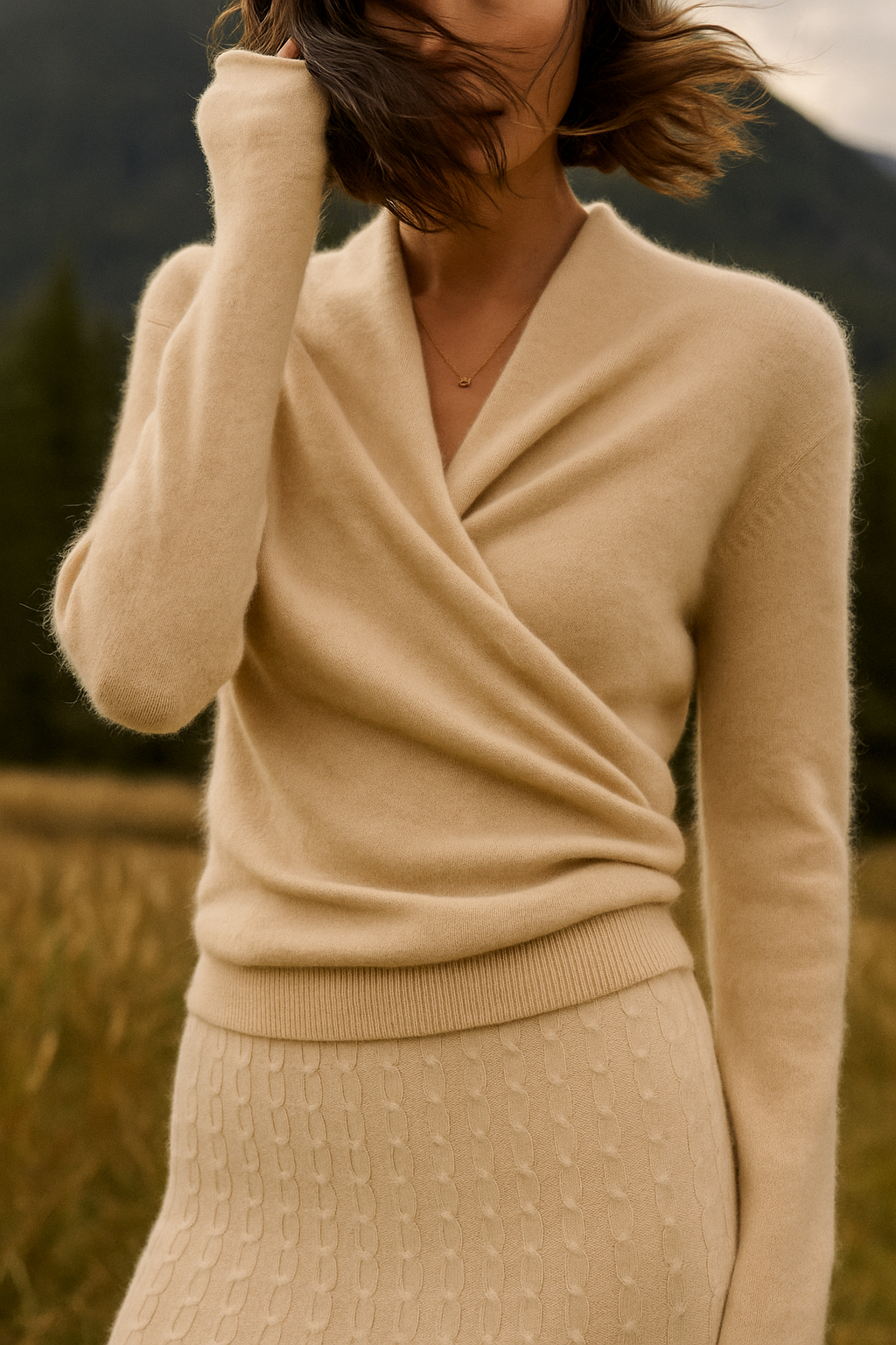 Women's Fuzzy Knit Sweater with Wrap Front and V Neck