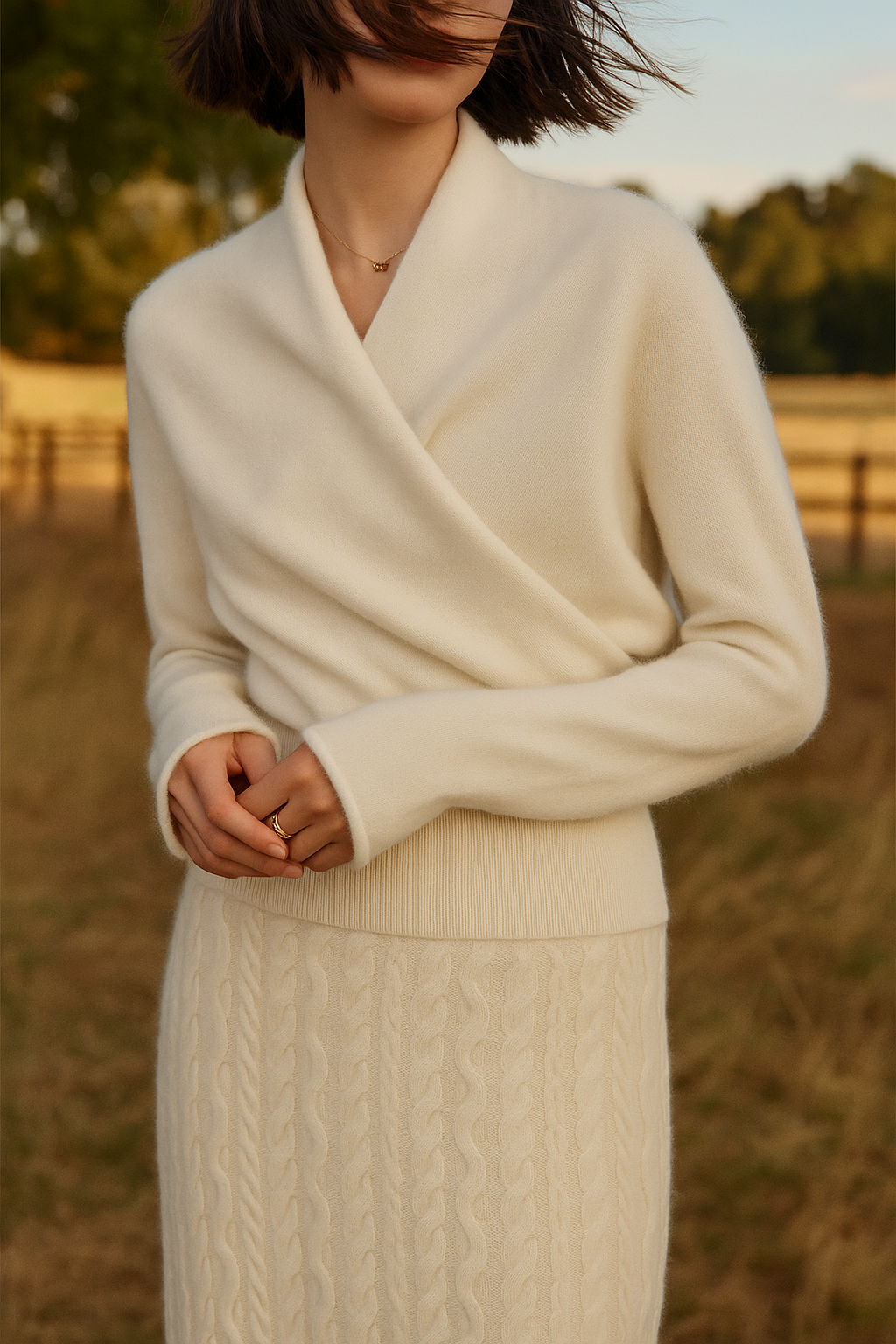 Women's Fuzzy Knit Sweater with Wrap Front and V Neck