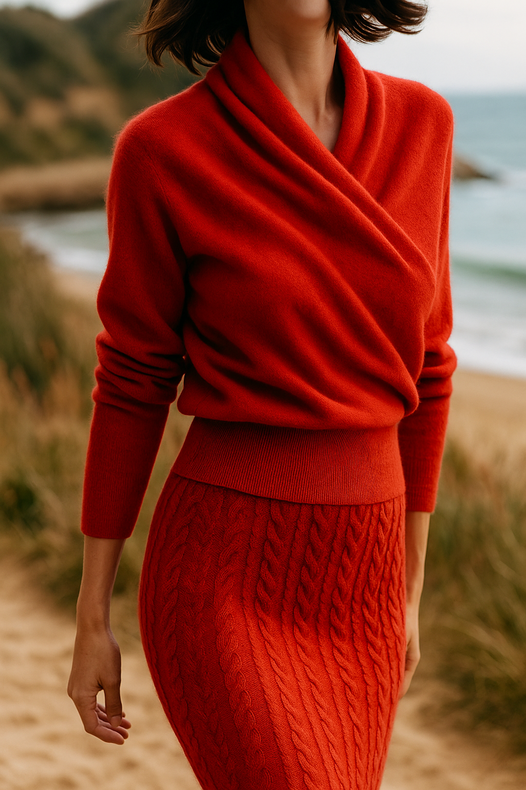 Women's Fuzzy Knit Sweater with Wrap Front and V Neck