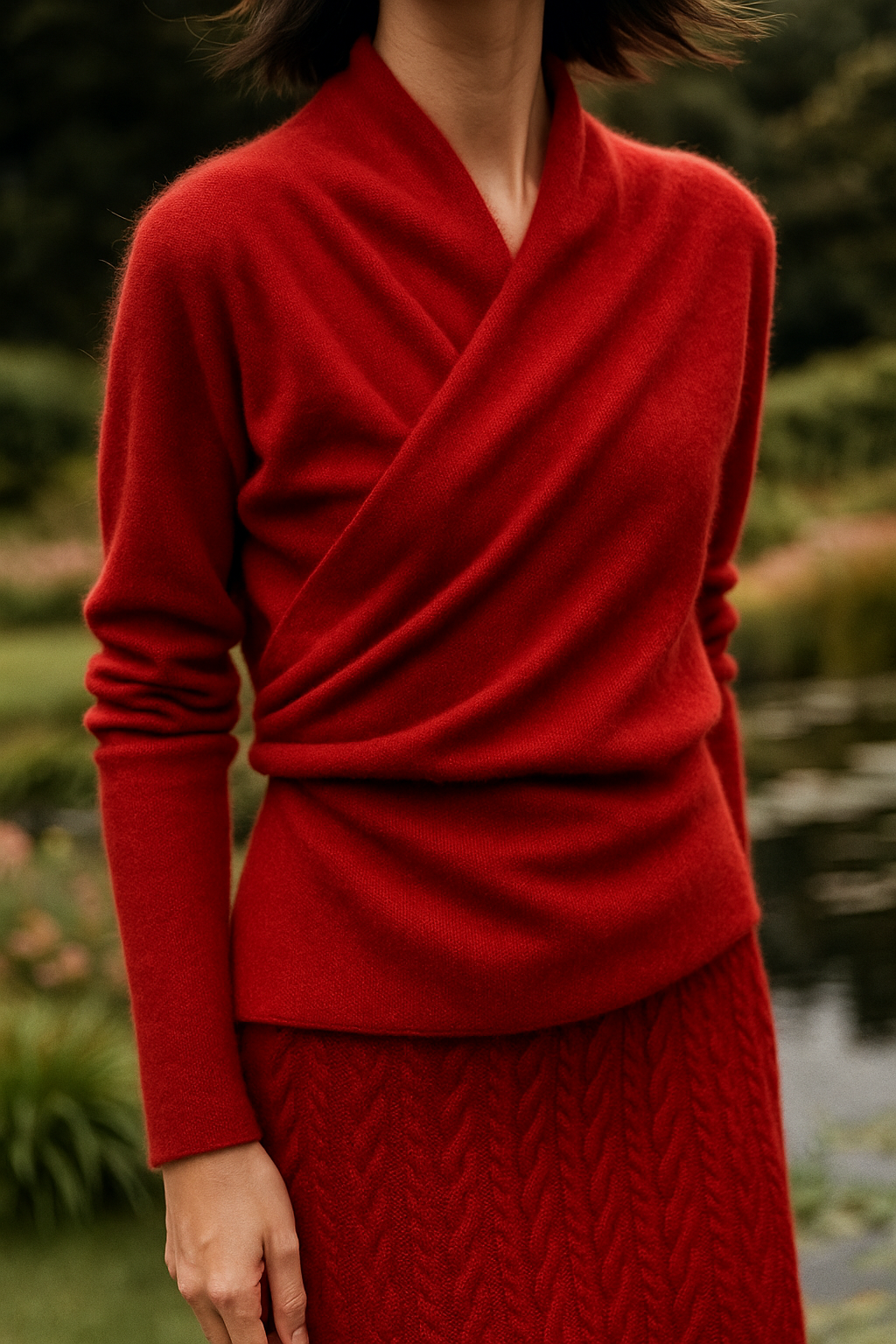 Women's Fuzzy Knit Sweater with Wrap Front and V Neck