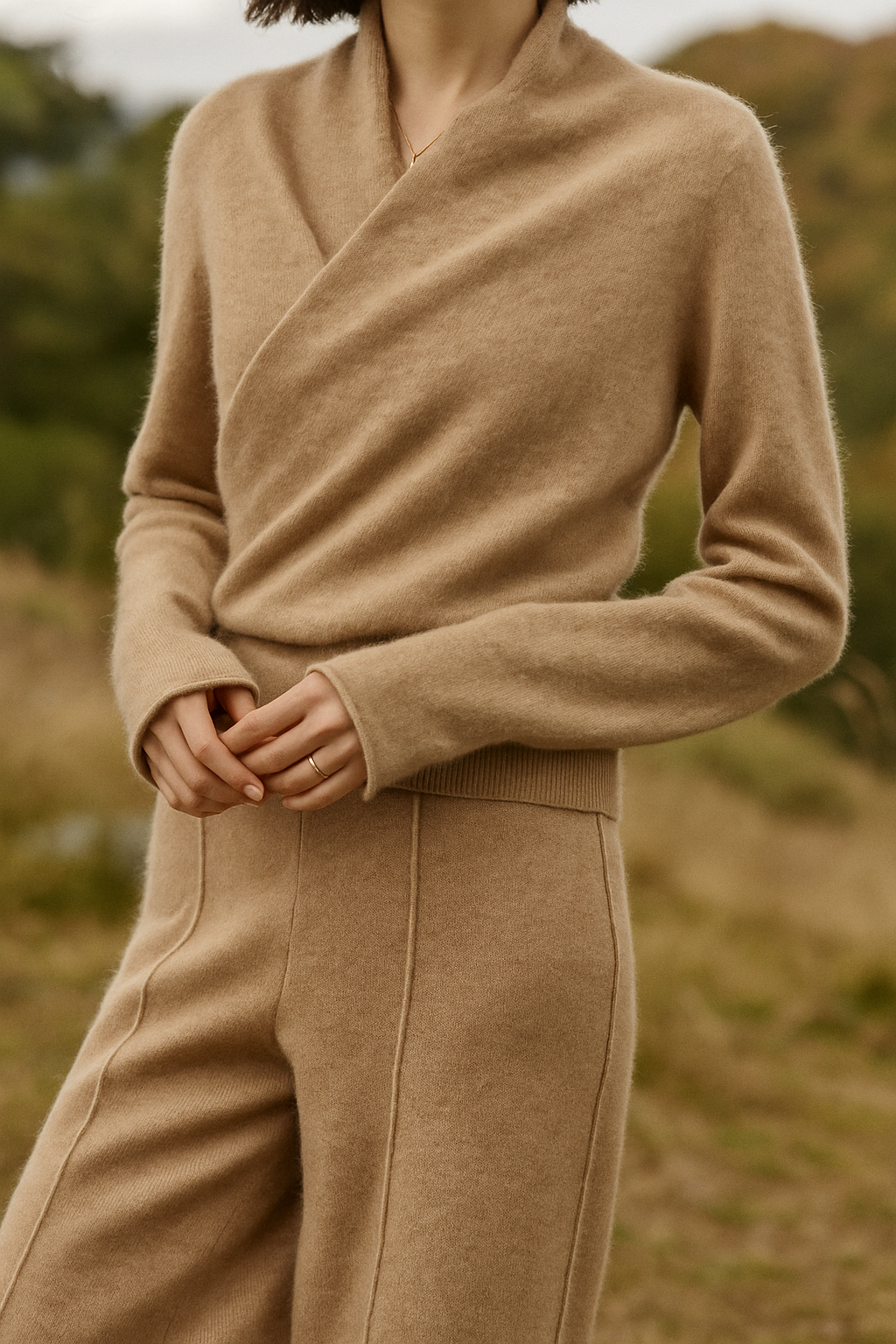 Women's Fuzzy Knit Sweater with Wrap Front and V Neck