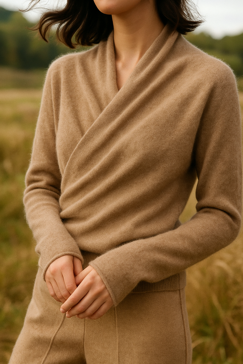 Women's Fuzzy Knit Sweater with Wrap Front and V Neck