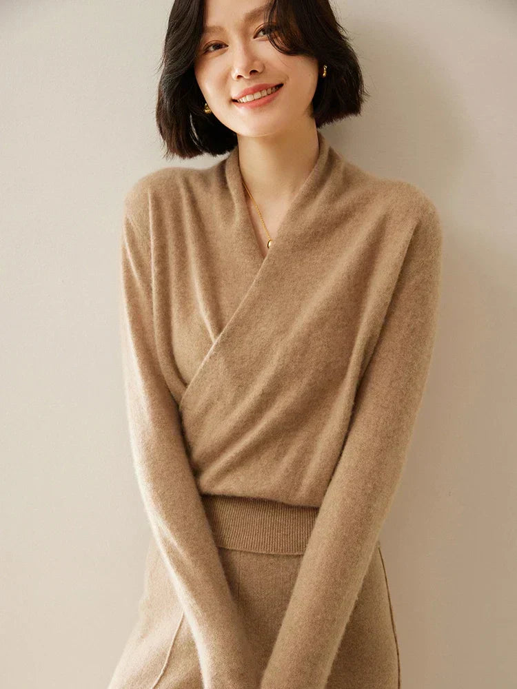 Women's Fuzzy Knit Sweater with Wrap Front and V Neck