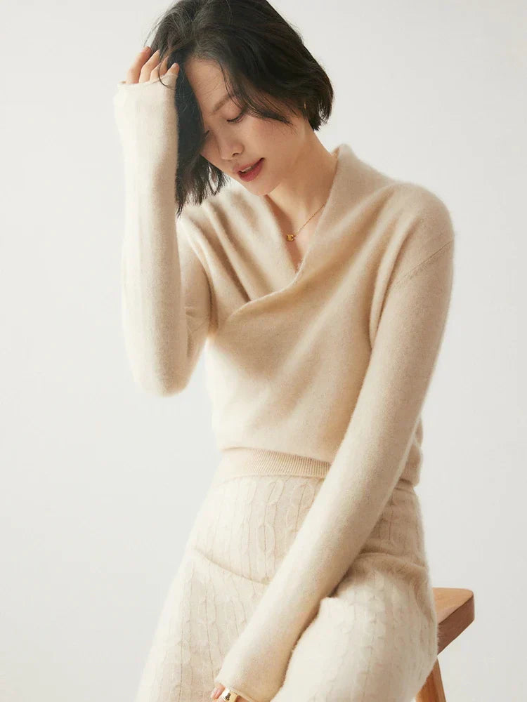 Women's Fuzzy Knit Sweater with Wrap Front and V Neck