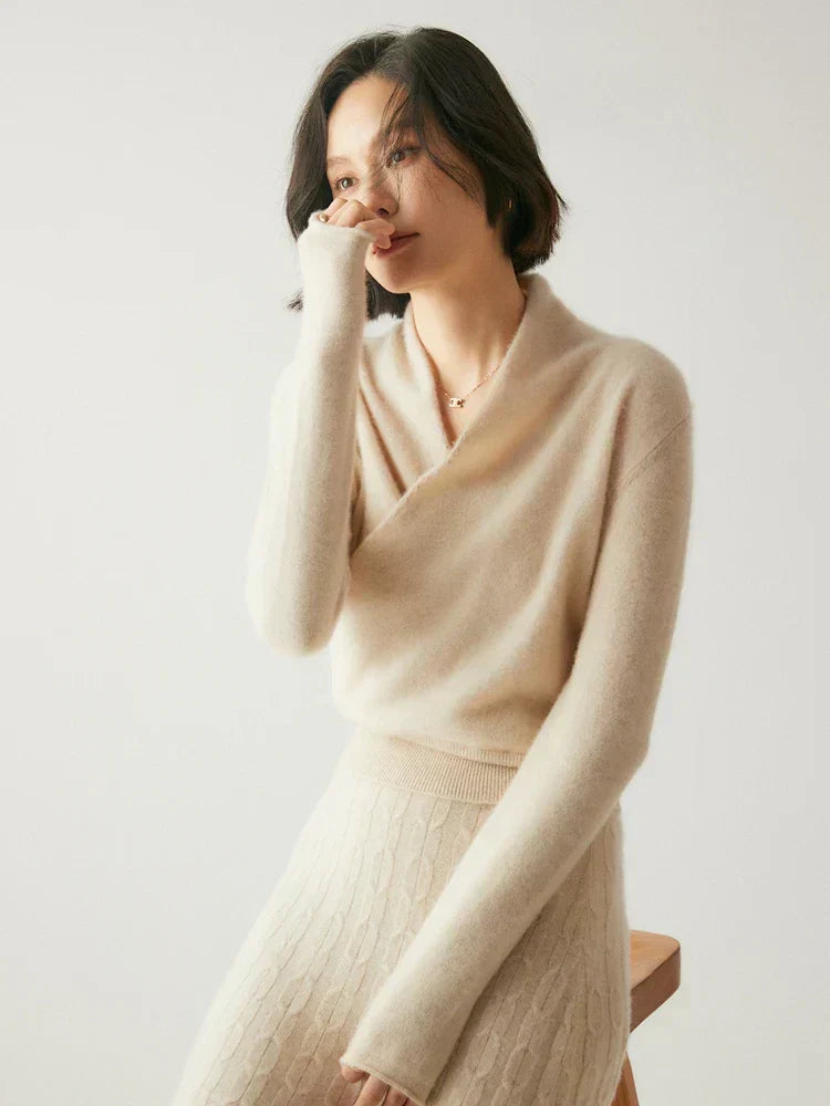 Women's Fuzzy Knit Sweater with Wrap Front and V Neck