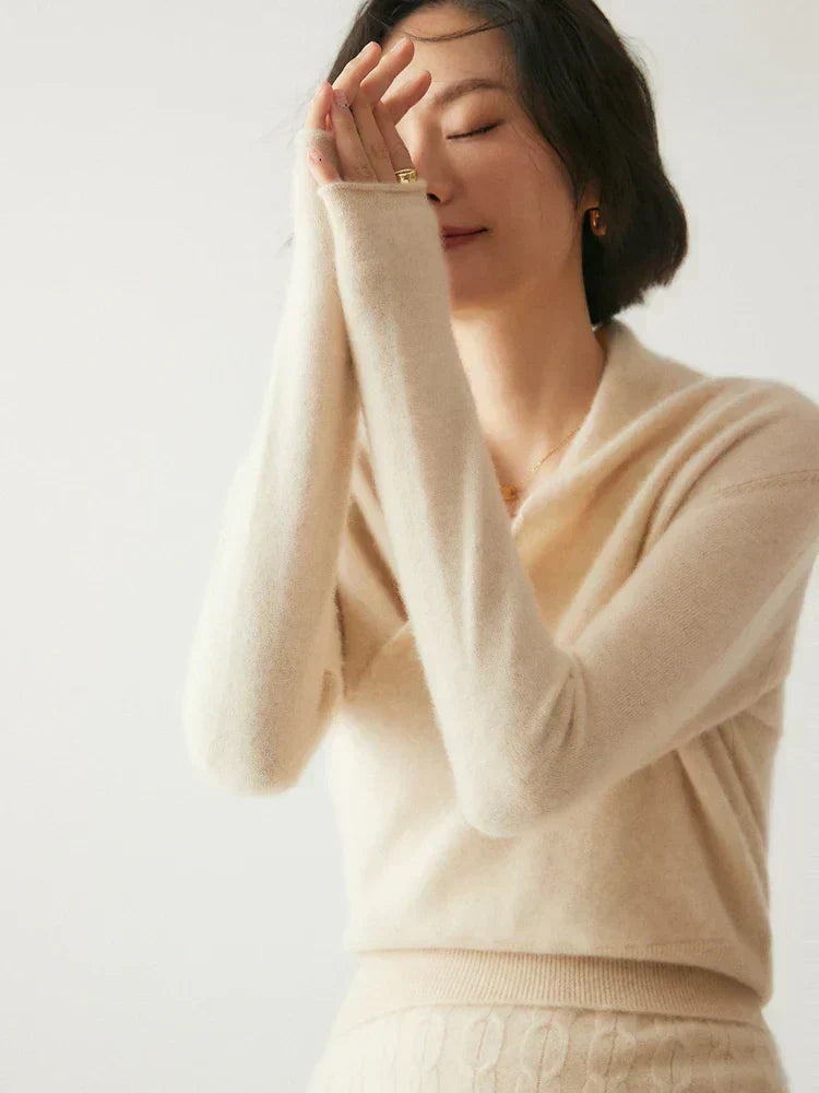 Women's Fuzzy Knit Sweater with Wrap Front and V Neck