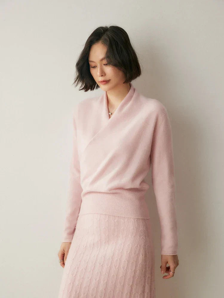 Women's Fuzzy Knit Sweater with Wrap Front and V Neck