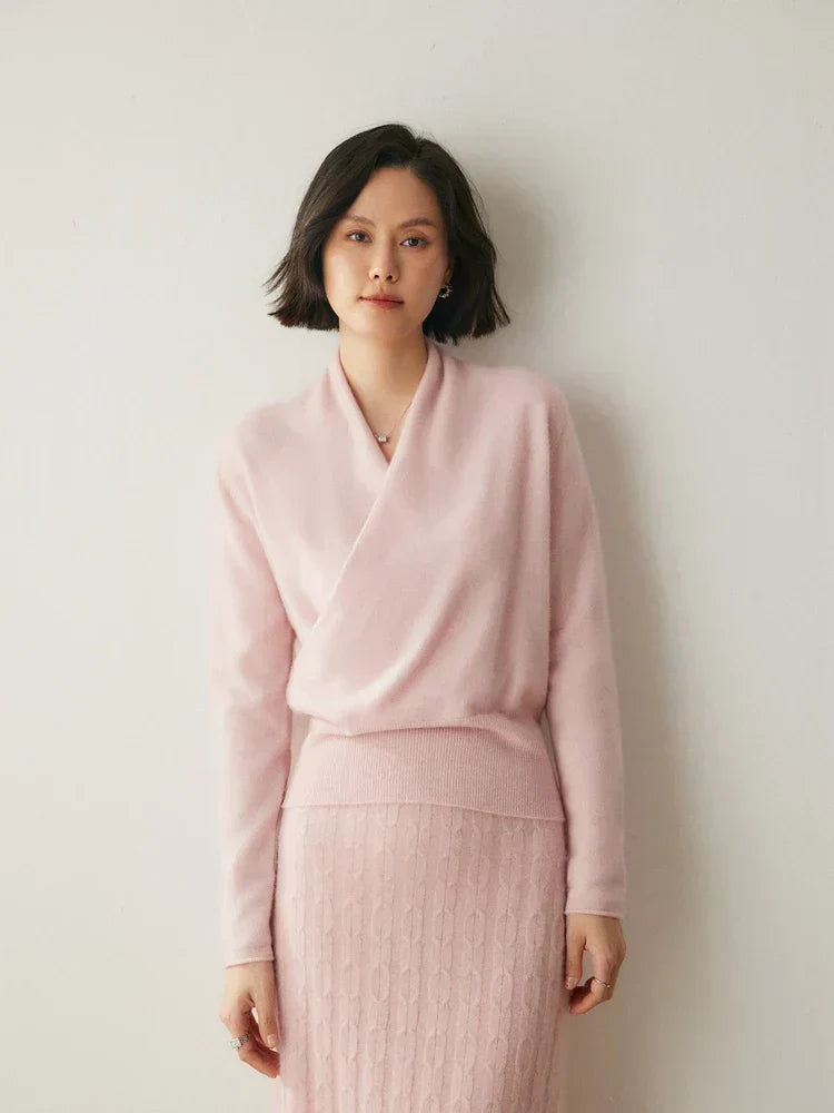 Women's Fuzzy Knit Sweater with Wrap Front and V Neck