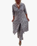 Women's Geometric Print Polyester Set with V-Neck and Side Slits