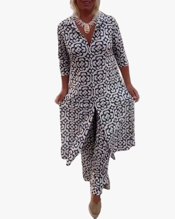 Women's Geometric Print Polyester Set with V-Neck and Side Slits
