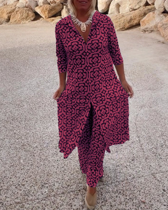 Women's Geometric Print Polyester Set with V-Neck and Side Slits