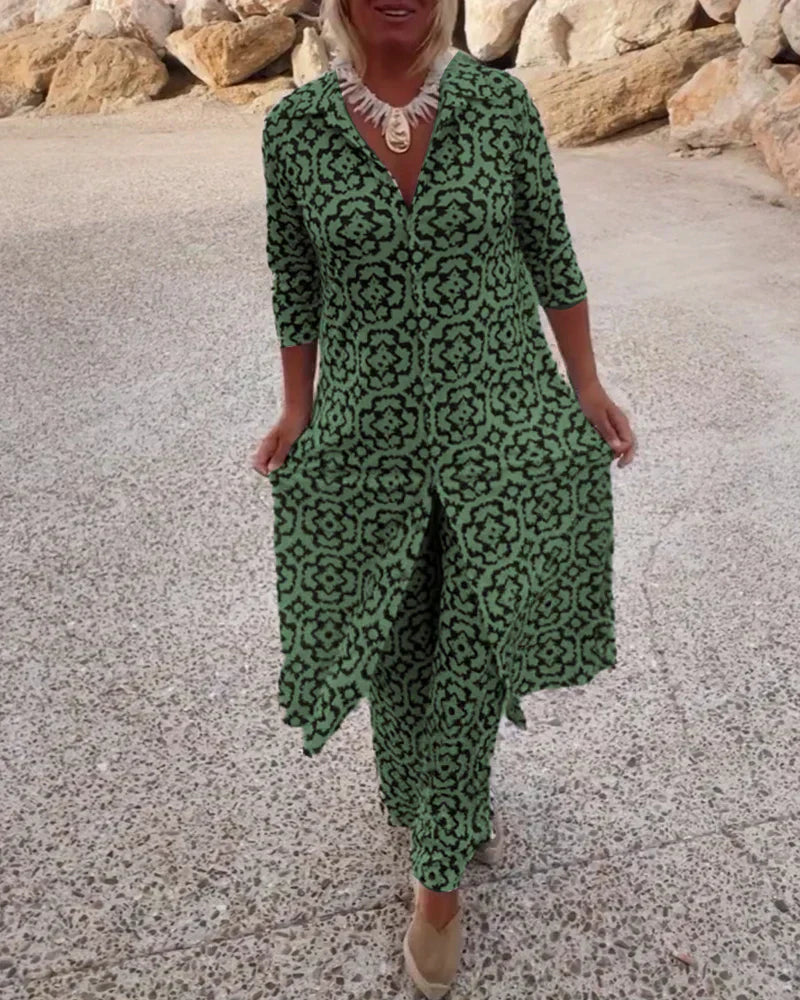 Women's Geometric Print Polyester Set with V-Neck and Side Slits