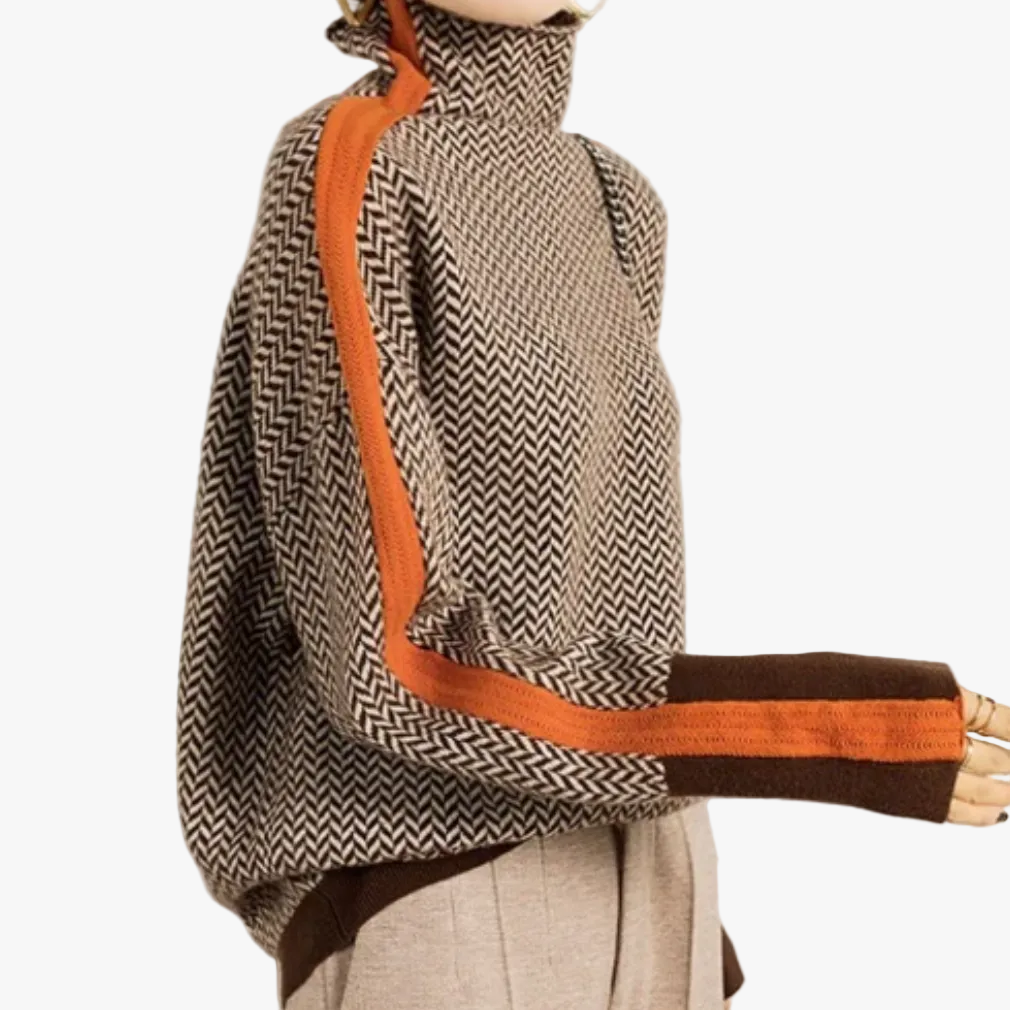 Women's Herringbone Knit Sweater with Turtleneck and Sleeve Stripes