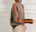 Women's Herringbone Knit Sweater with Turtleneck and Sleeve Stripes