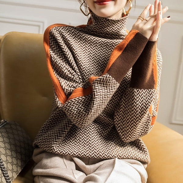 Women's Herringbone Knit Sweater with Turtleneck and Sleeve Stripes