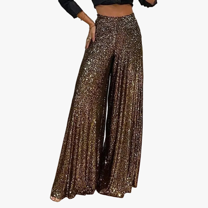 Women's High-Rise Sequin Pants with Wide Legs and Pleats